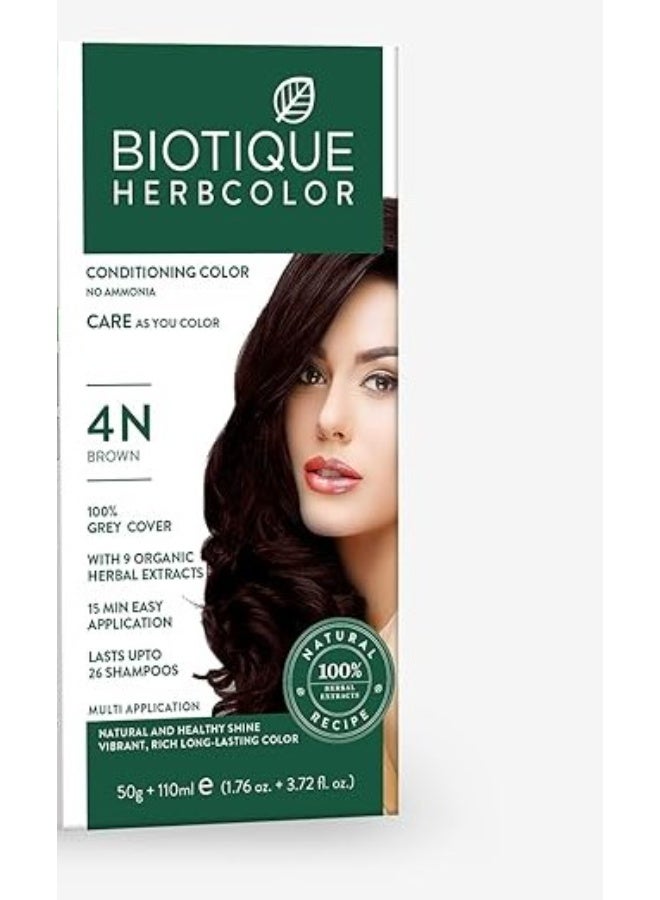 Biotique Herbcolor Conditioning Hair Colour l Ammonia Free Hair Color l 9 Organic Herbal Extracts l Natural and Healthy Shine l 50g + 110ml| Brown 4N (Pack of 1) - Image 1